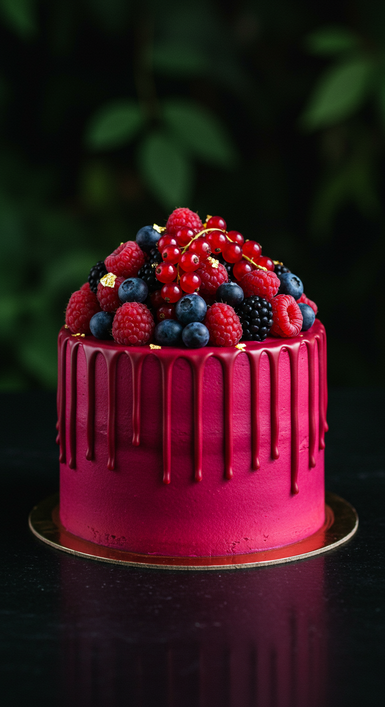 Magentafarbene Torte mit dunklem Drip und einem Berg aus verschiedenen Beeren, mit Blattgold verziert.
