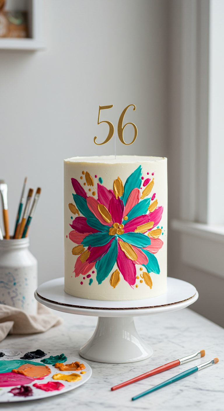 Weiße Torte mit einem großen, handgemalten bunten Blumenmotiv und goldenem Zahlentopper.