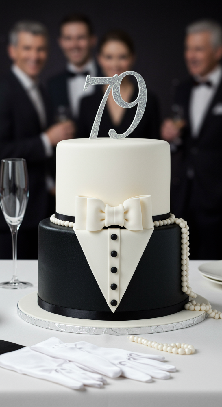 Zweistöckige Torte im Smoking-Design mit weißem Hemd, schwarzer Fliege und Perlen.