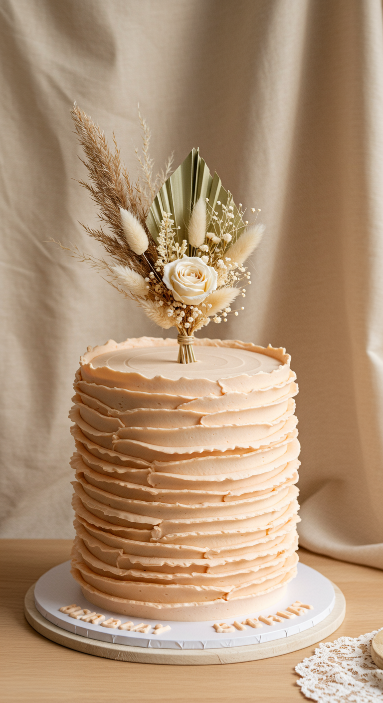 Pfirsichfarbene Torte mit horizontalen Buttercreme-Rüschen und einem Trockenblumen-Topper.