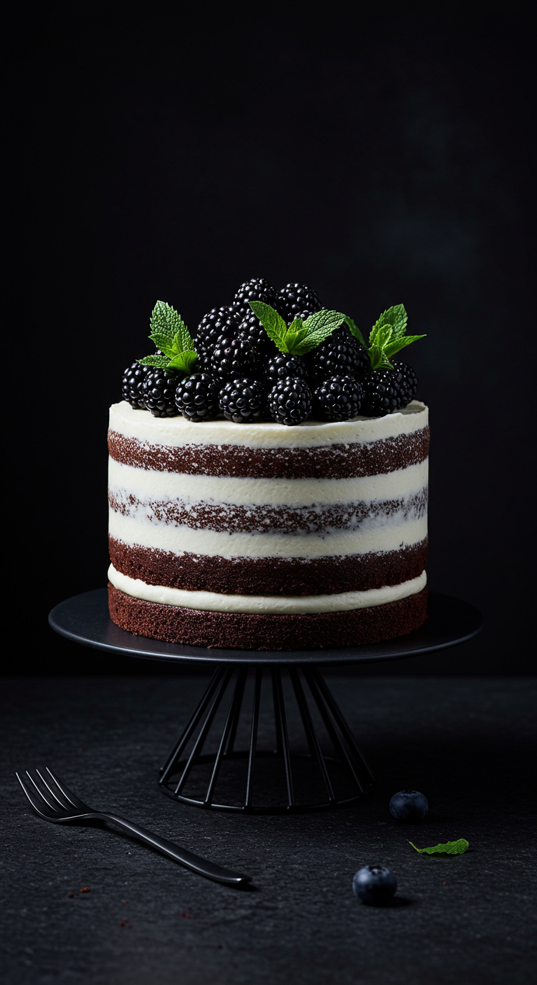 Naked Chocolate Cake mit Brombeeren und Minze auf schwarzem Tortenständer.