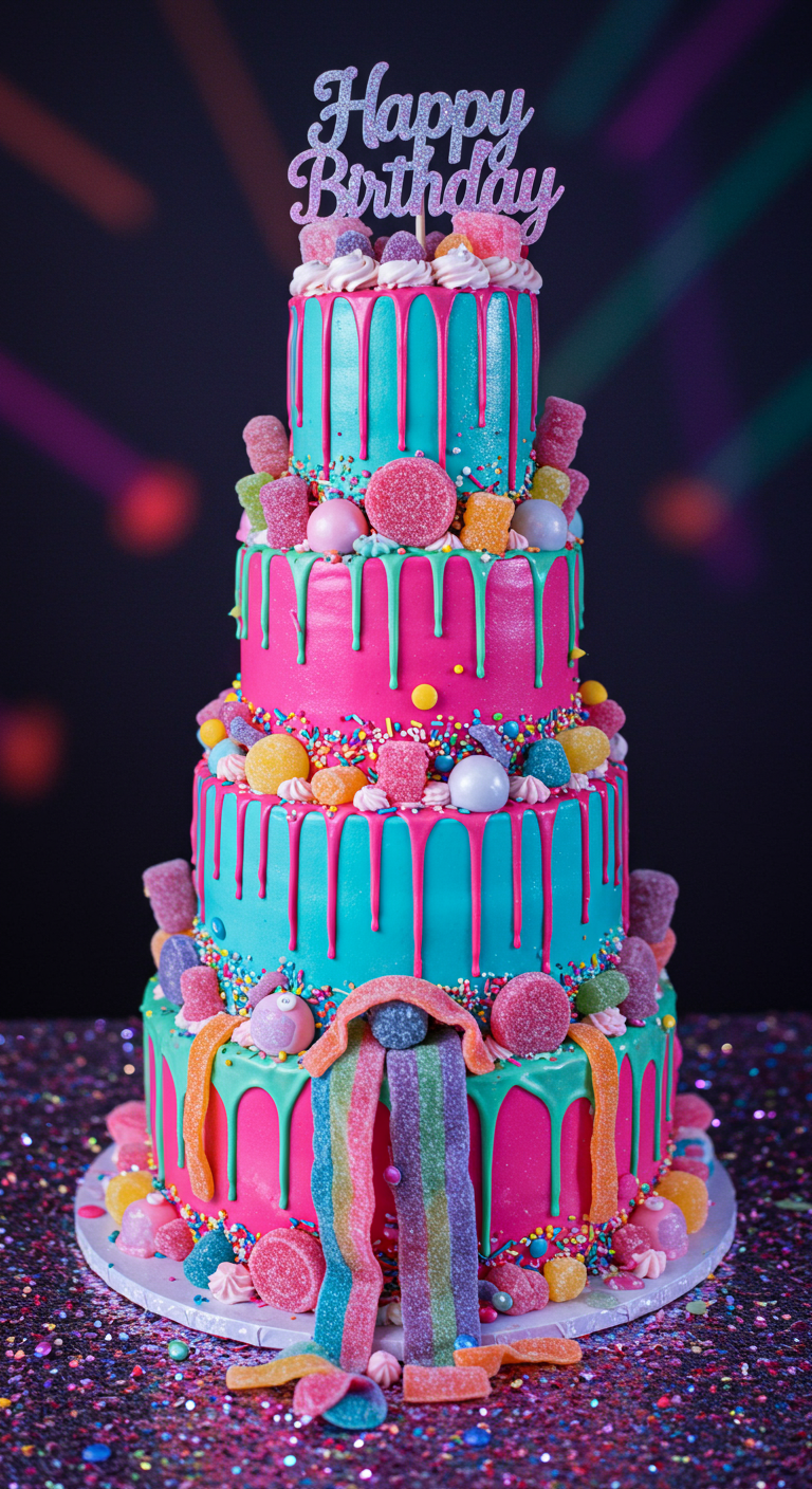 Hohe, mehrstöckige Y2K-Torte in Pink und Türkis mit bunten Drips und Süßigkeiten-Wasserfall.