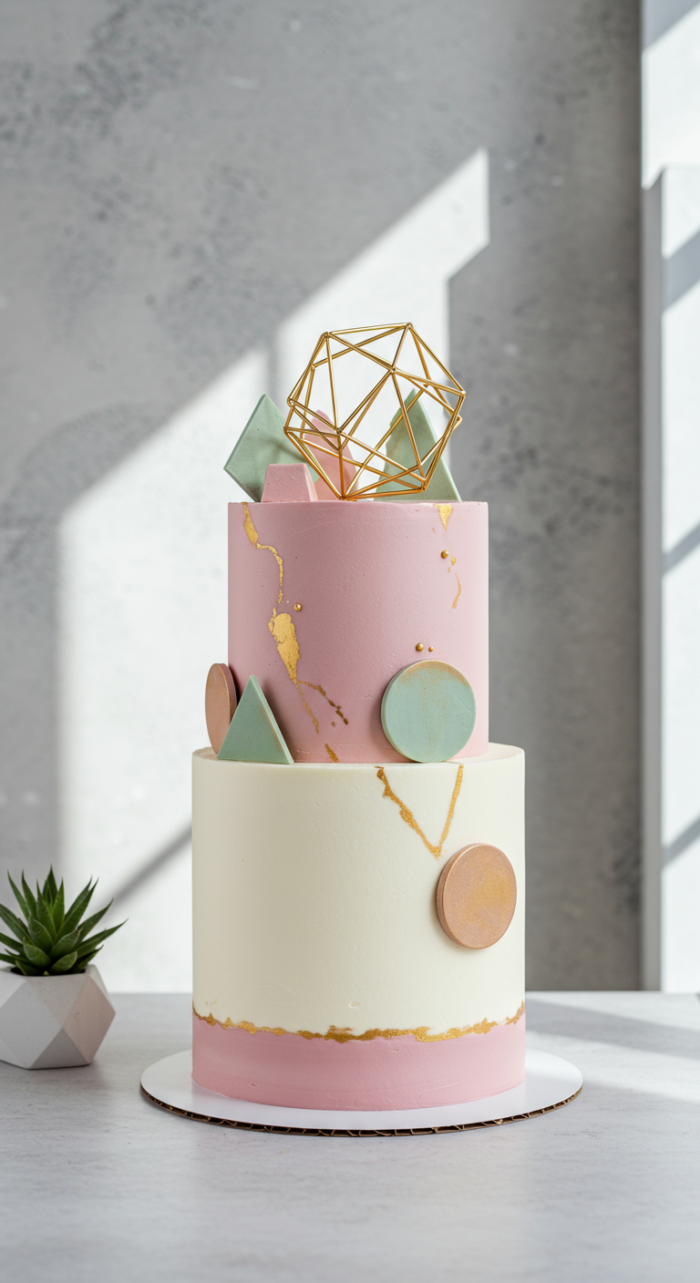 Zweistöckige Torte in Rosa und Weiß mit geometrischen Formen und Goldakzenten.