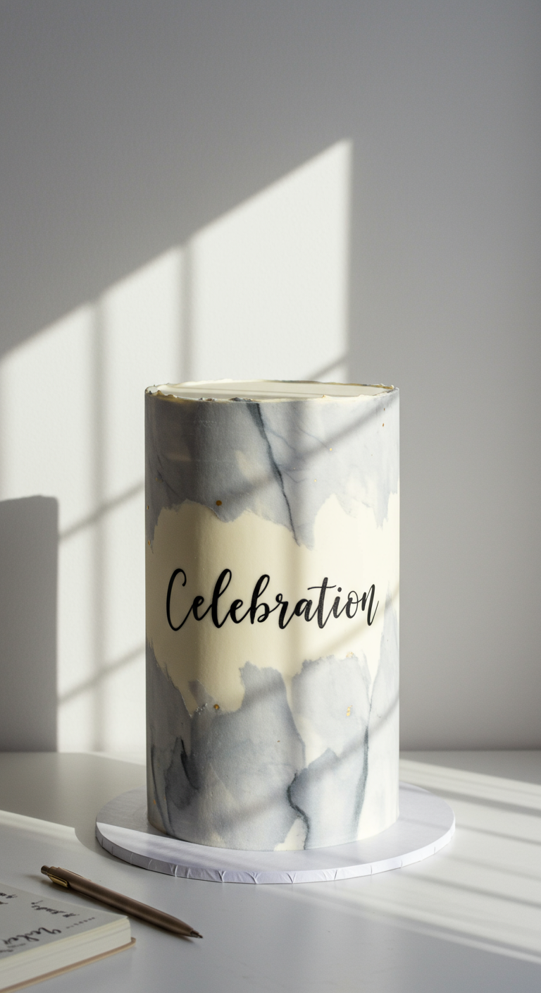 Grau-blau marmorierte Torte mit einem cremefarbenen Band und dem Schriftzug „Celebration“.