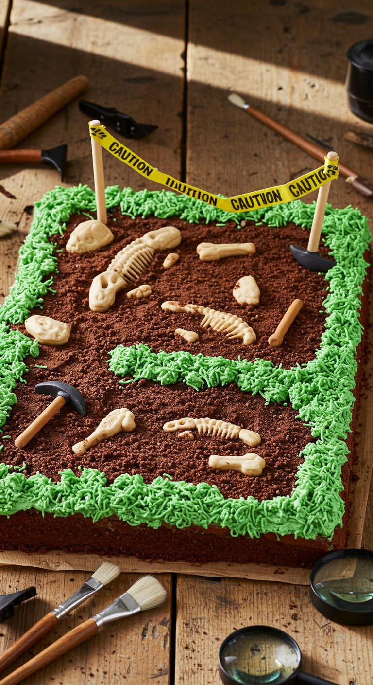 Schokokuchen als Ausgrabungsstätte mit Dino-Knochen und Werkzeug.