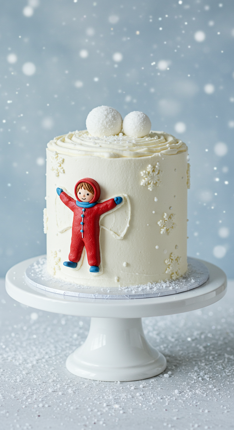 Weiße Torte mit roter Figur, die einen Schneeengel macht, und Schneeflocken-Deko.