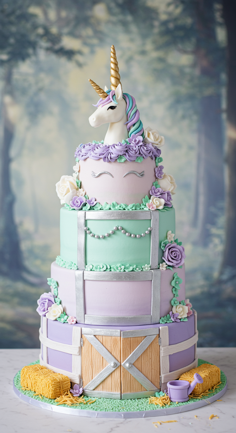 Mehrstöckige Torte mit Einhorn-Topper, untere Etage als Stall mit Holztüren und Heu-Deko.