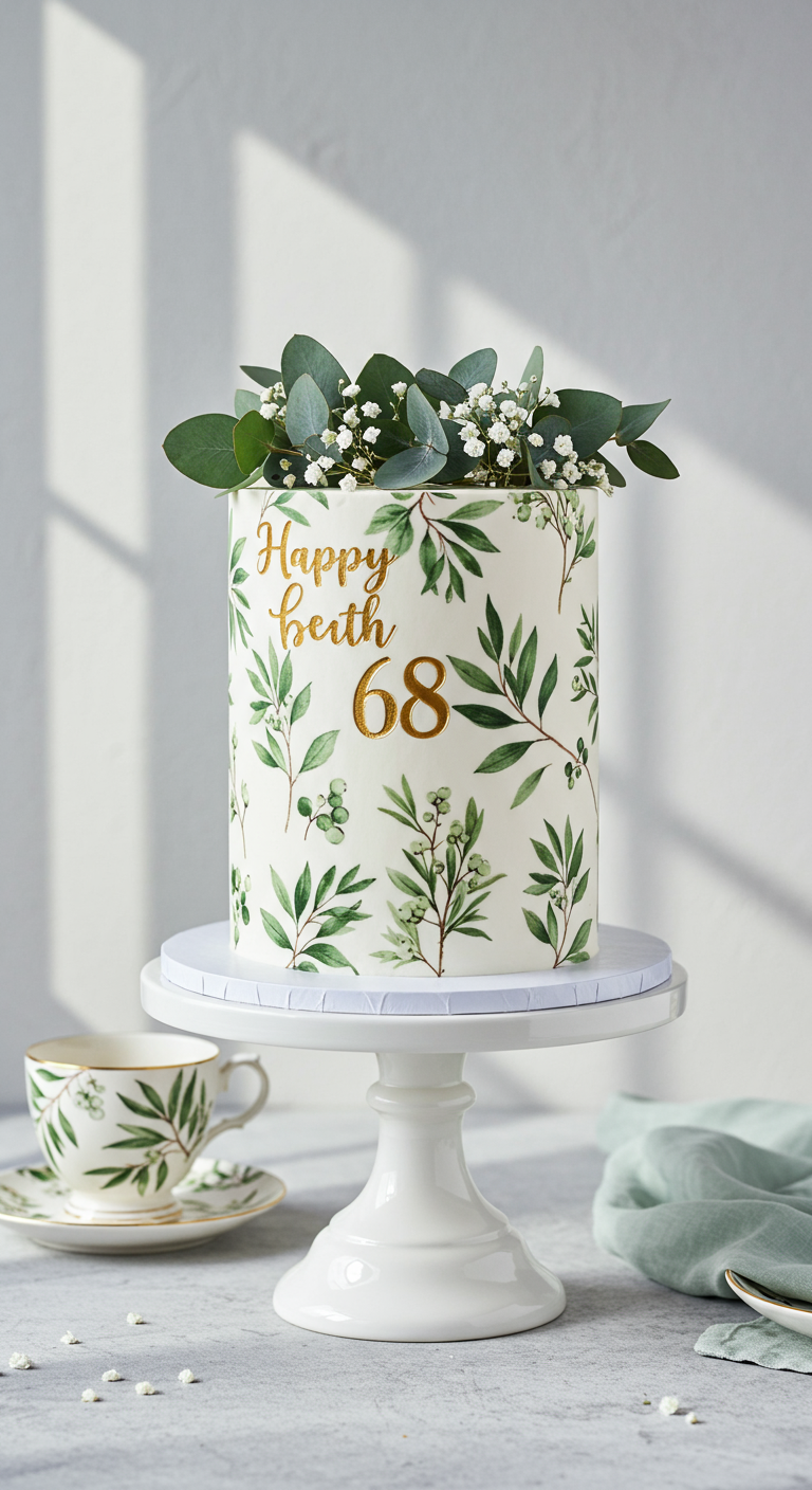 Weiße Torte mit gemalten Eukalyptusblättern, Gold-Schrift und echten Eukalyptuszweigen.