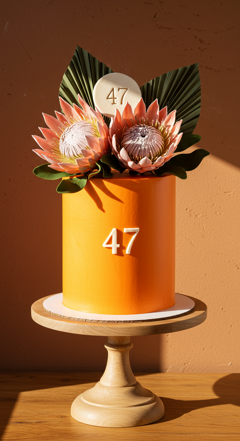 Orange Torte mit großen Protea-Zuckerblumen und Palmblatt-Deko.