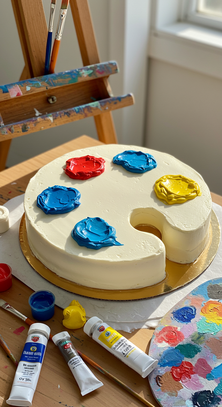 Runder Kuchen in Form einer Malerpalette mit bunten Buttercreme-Farbklecksen.