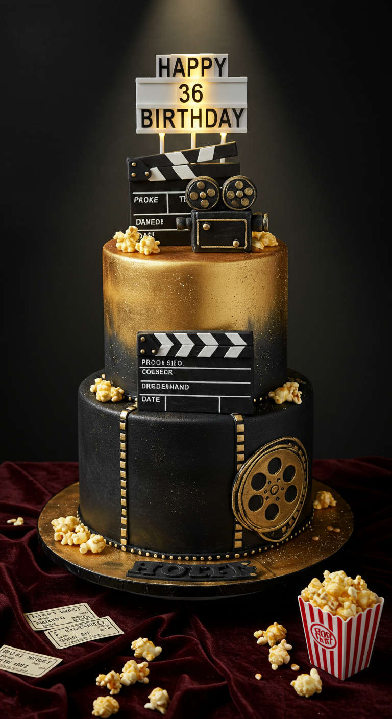 Zweistöckige schwarz-goldene Torte mit Filmklappen, Filmrollen und Popcorn.
