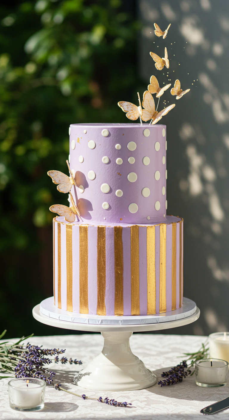 Zweistöckige Torte in Flieder mit weißen Punkten, Goldstreifen und goldenen Schmetterlingen.