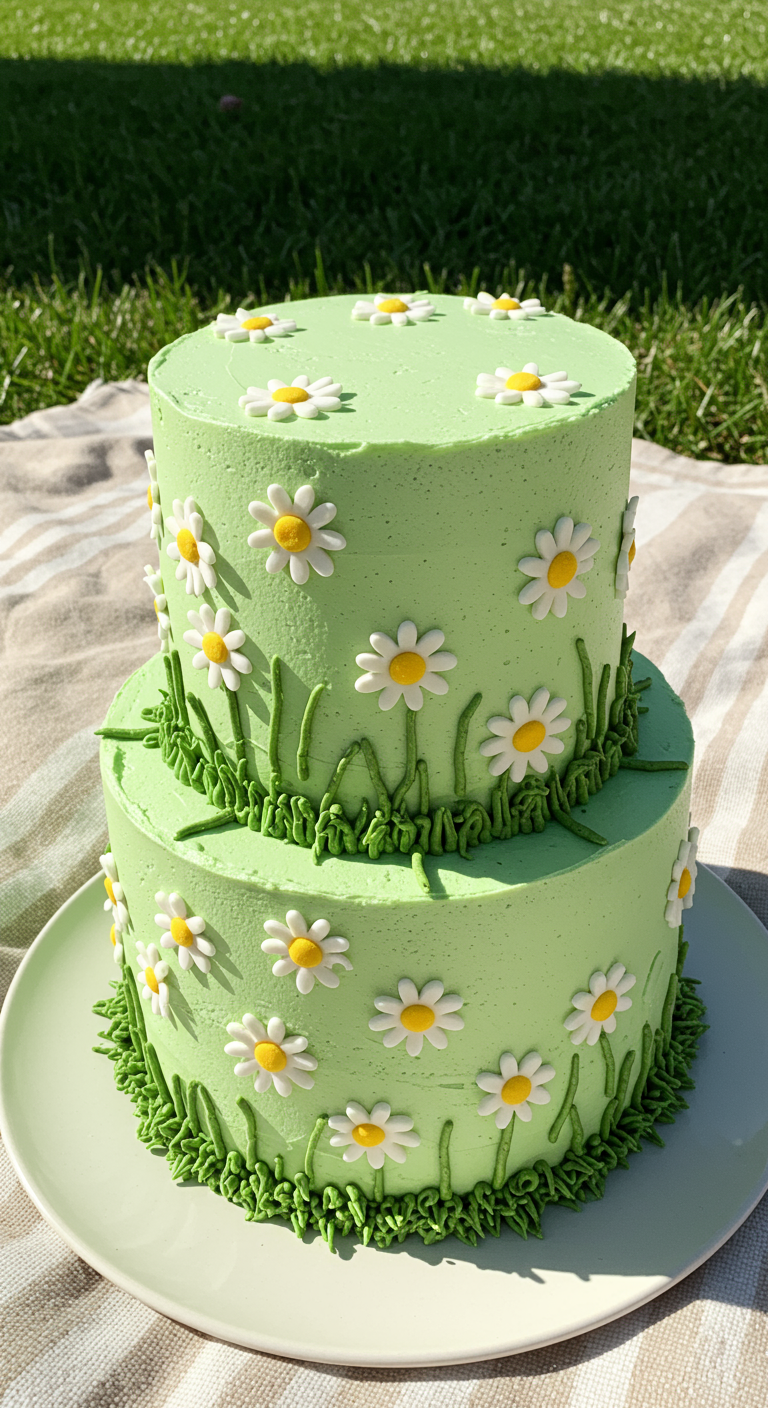 Zweistöckige, hellgrüne Torte, übersät mit kleinen Zucker-Gänseblümchen und Buttercreme-Gras.