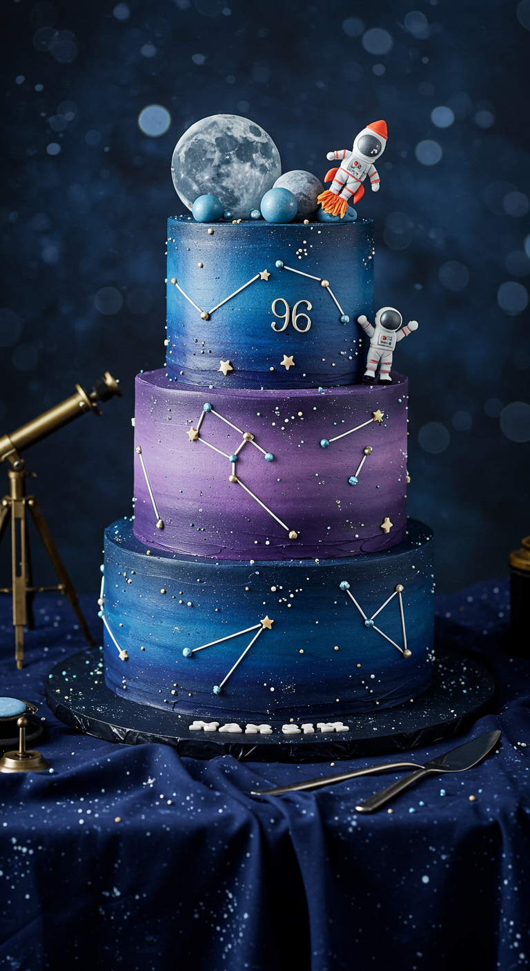 Dreistöckige Torte im Galaxy-Design mit Planeten und Astronaut.