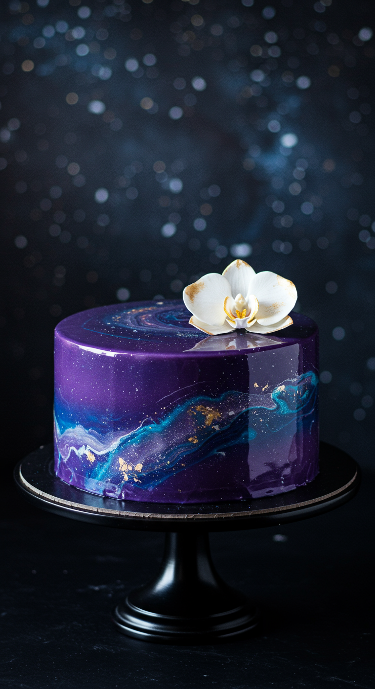 Lila glänzende Mirror-Glaze-Torte im Galaxie-Look mit weißer Orchidee.