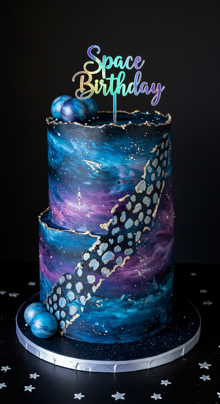 Zweistöckige Torte mit Galaxy-Airbrush und silbernen Leopardenflecken entlang einer goldenen Bruchkante.