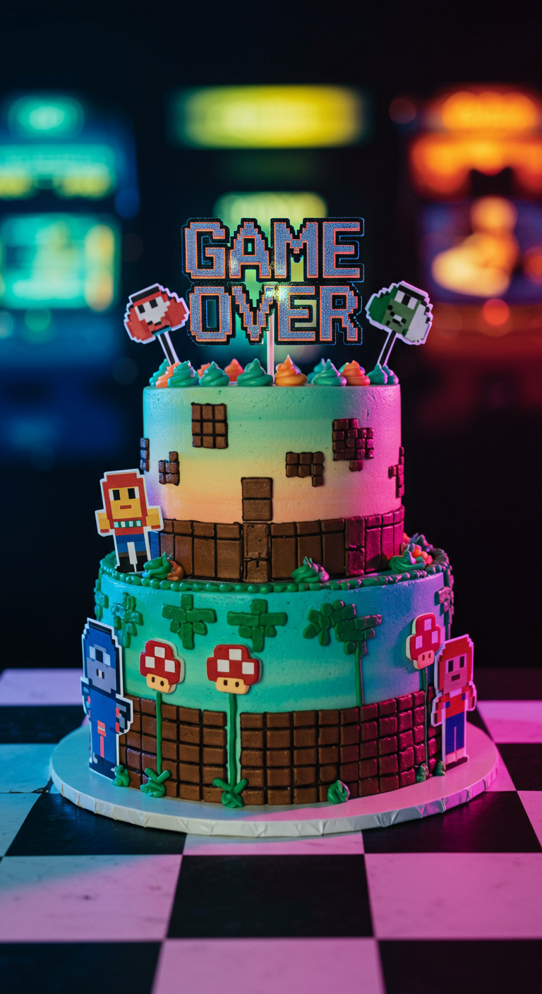 Zweistöckige Torte im Retro-Gaming-Stil mit