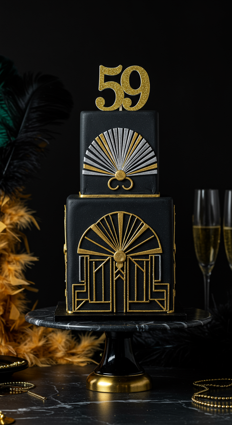 Zweistöckige, schwarze Torte mit goldenen Art-Déco-Fächermustern und '59' Topper.