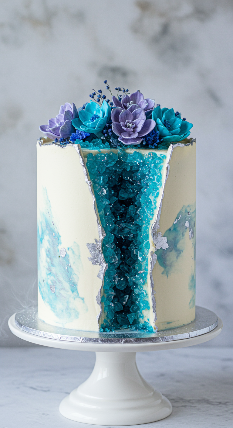 Weiße Torte mit blauem Geoden-Kristall-Einschnitt, Silberakzenten und Zuckerblumen.