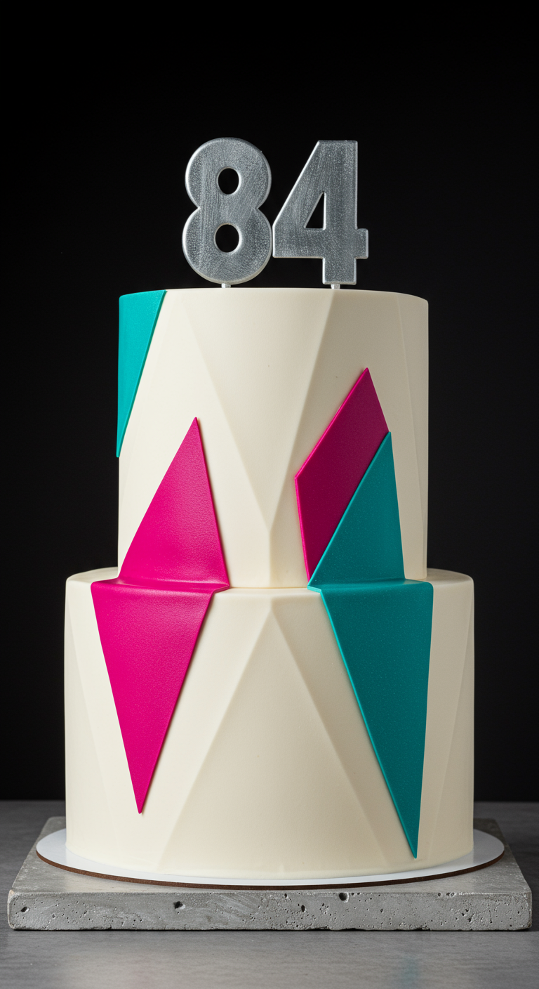 Zweistöckige weiße Torte mit geometrischen Formen in Pink und Türkis.