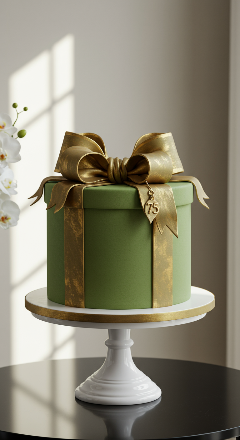 Olivgrüne runde Torte in Geschenkbox-Optik mit großer goldener Schleife und 75-Anhänger.
