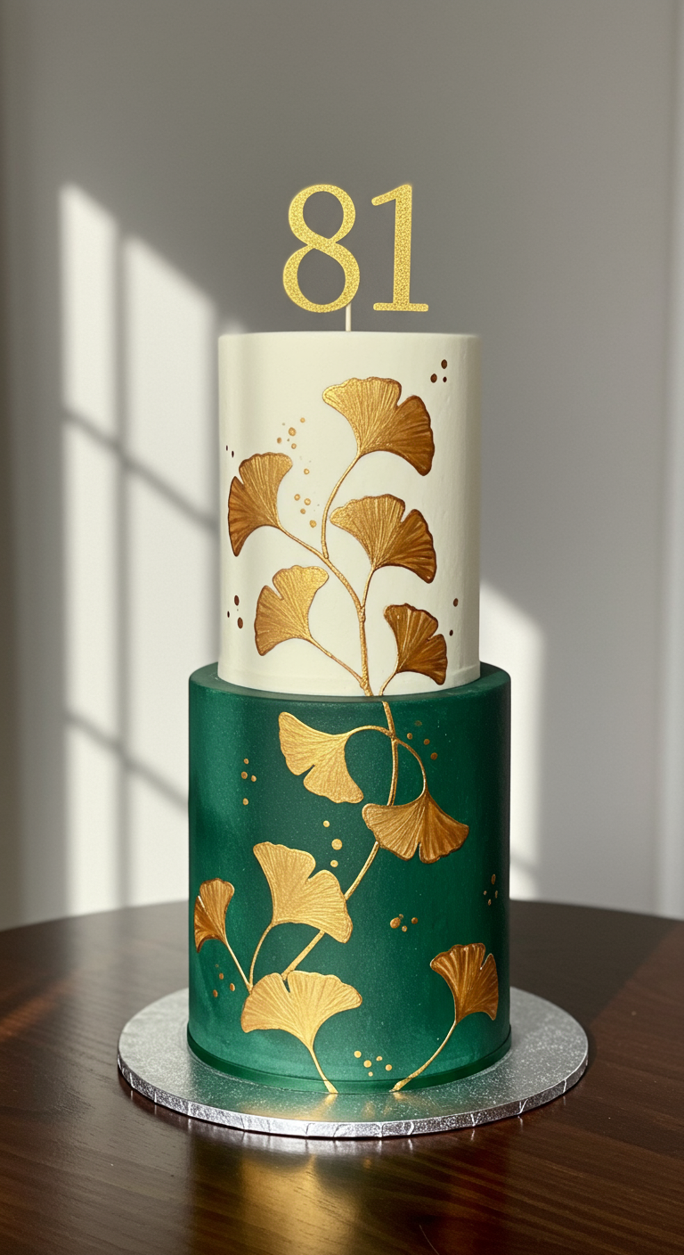 Zweistöckige Torte in Grün und Weiß mit goldenen Ginkgoblättern.