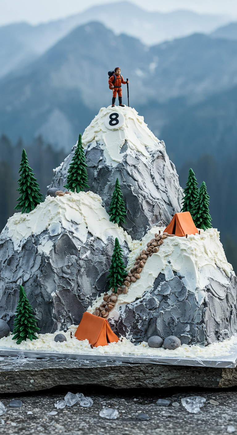 Torte in Form eines schneebedeckten Berges mit Bergsteiger, Zelten und Tannen