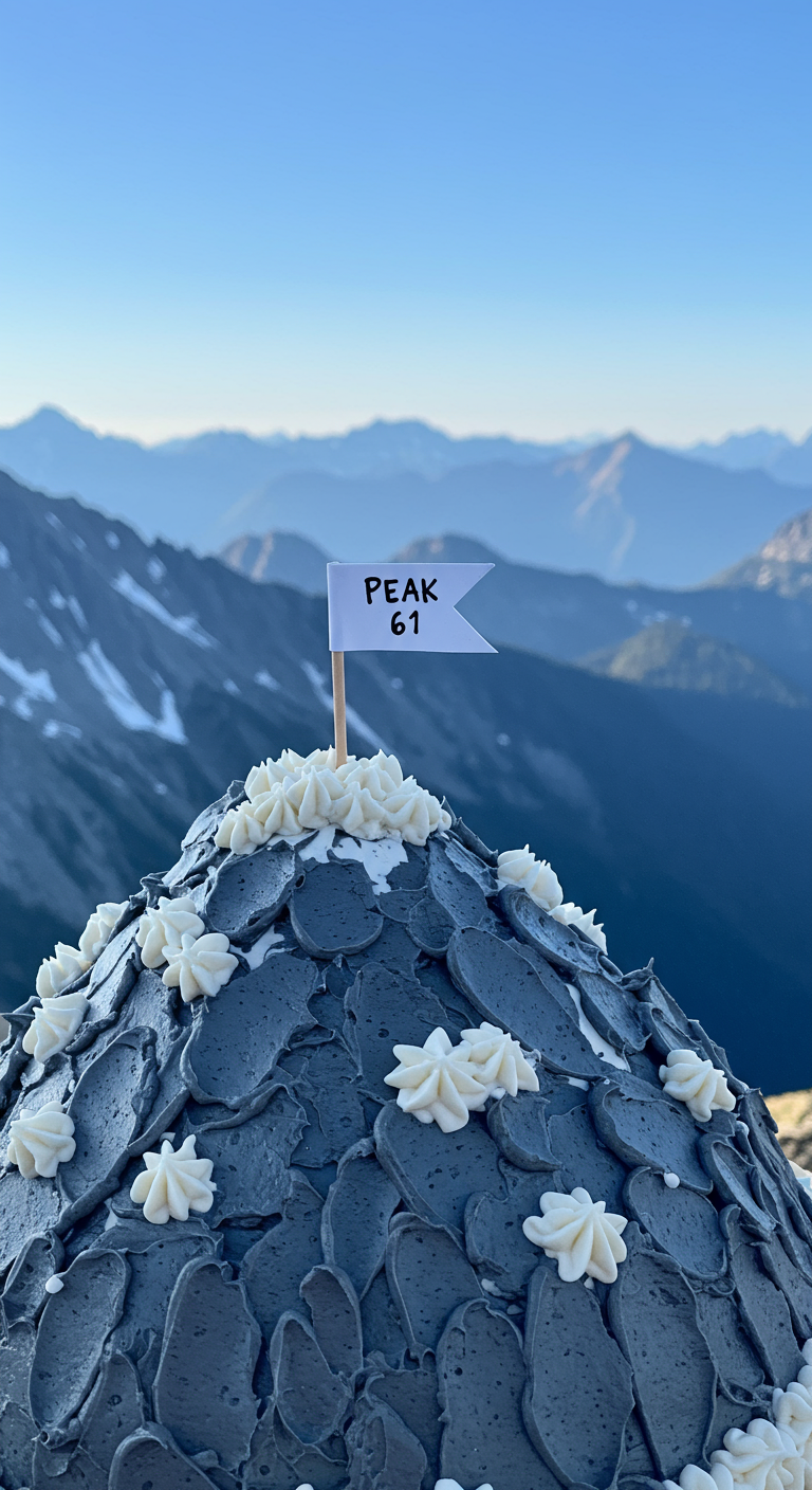 Torte in Form eines Berggipfels mit grauem Frosting und weißem „Schnee“.