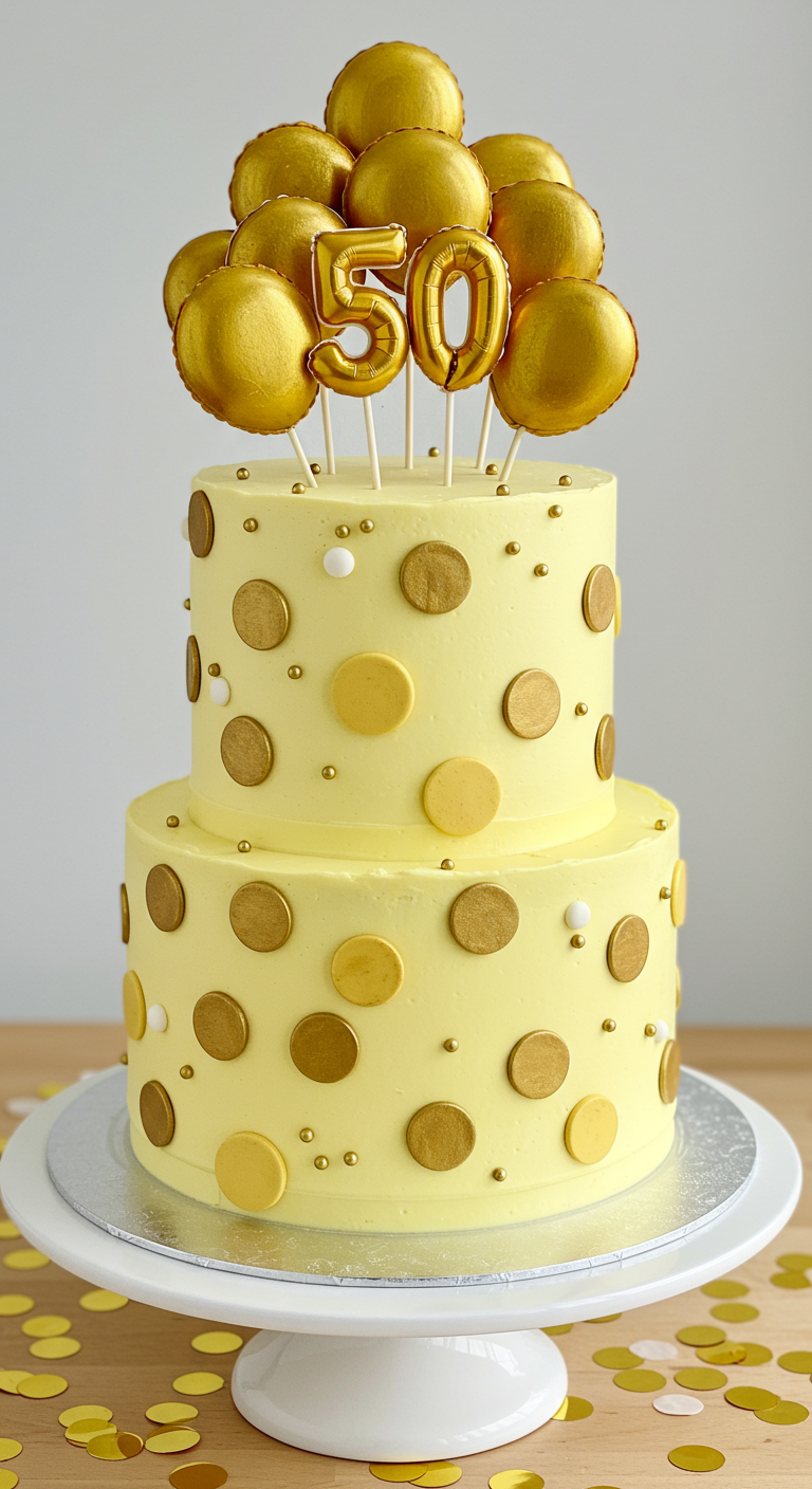 Zweistöckige gelbe Torte mit goldenen Punkten und einem Topper aus Mini-Goldballons und '50'.