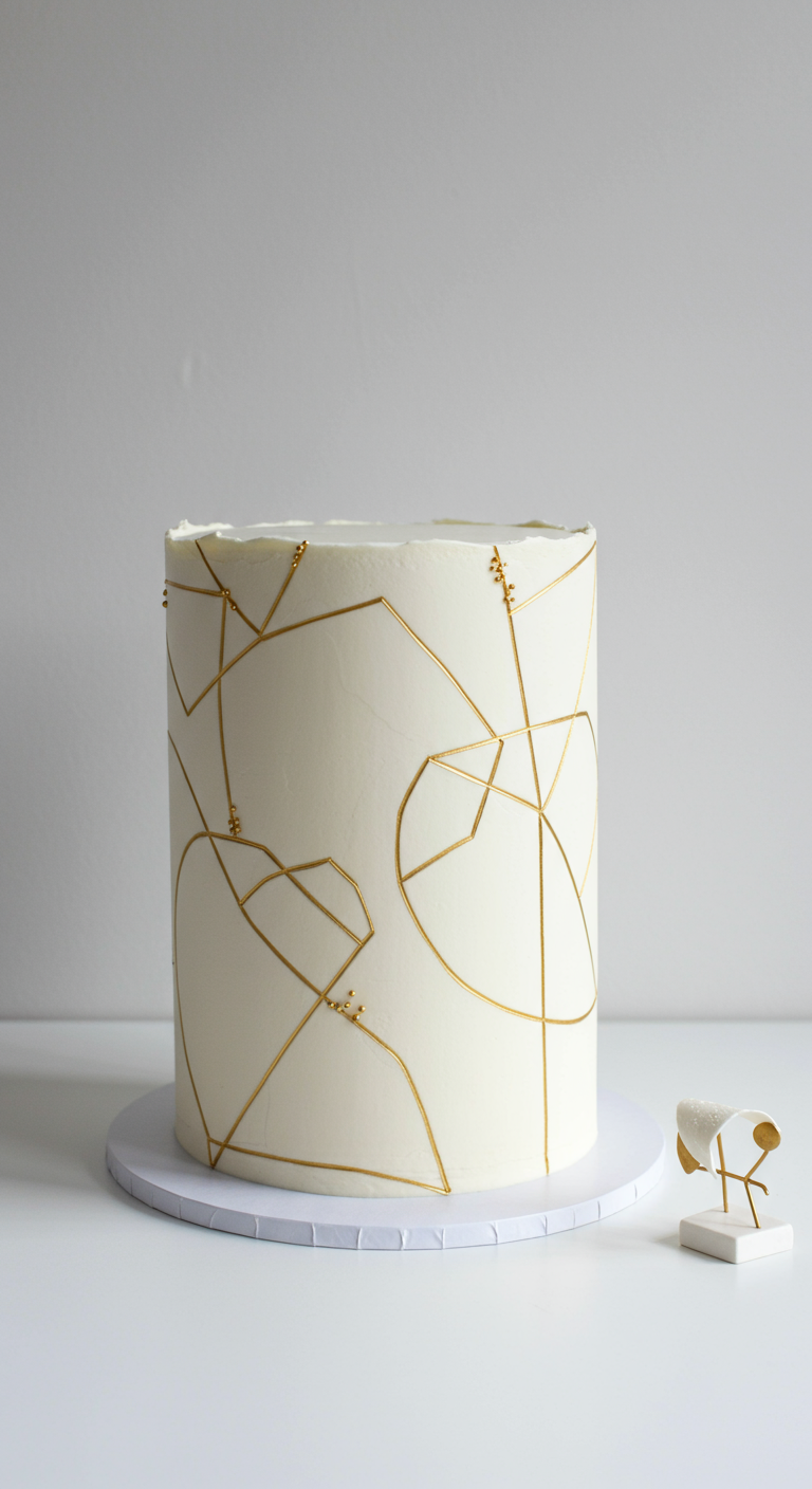 Hohe weiße Torte mit feinen, abstrakten goldenen Linien und einer kleinen goldenen Figur daneben.