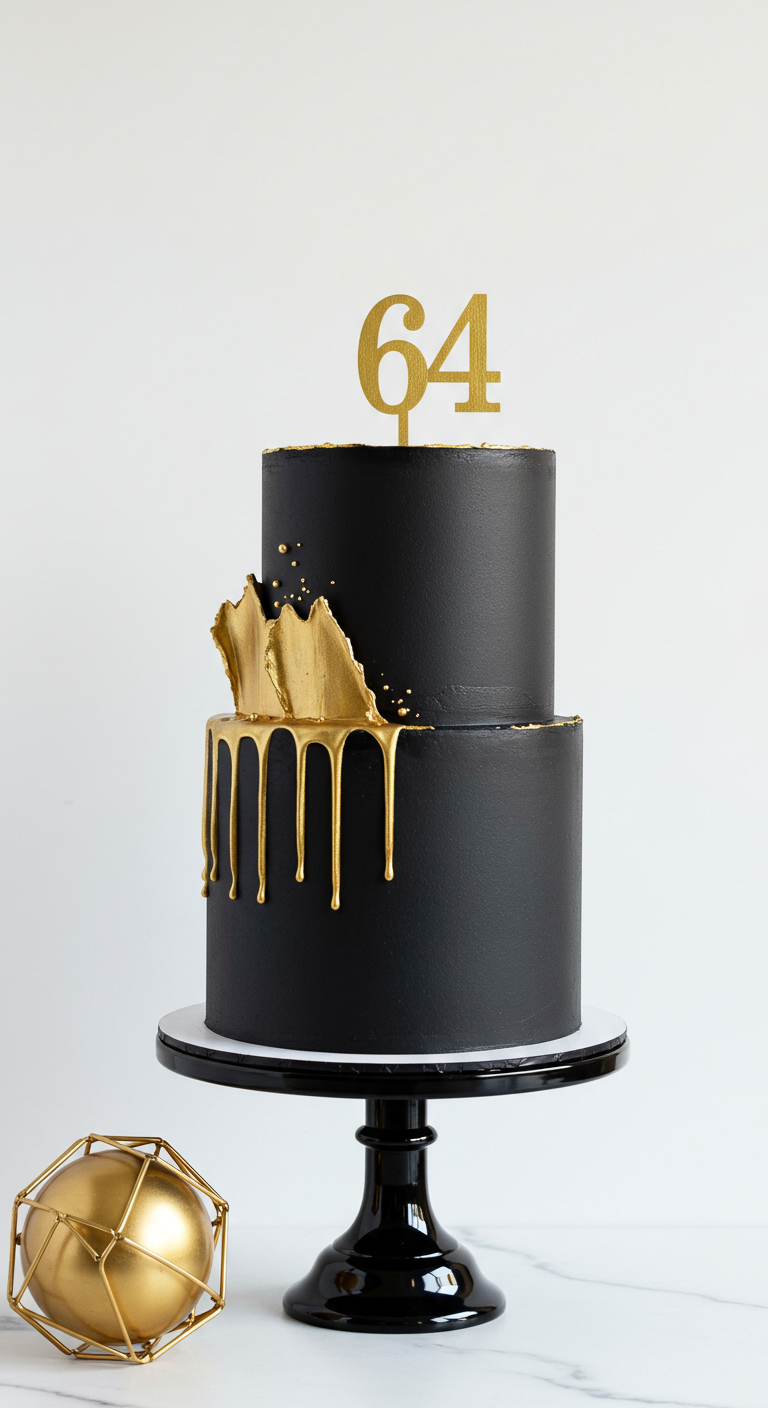 Zweistöckige schwarze Torte mit dramatischem Gold-Drip und goldenem „64“-Topper.