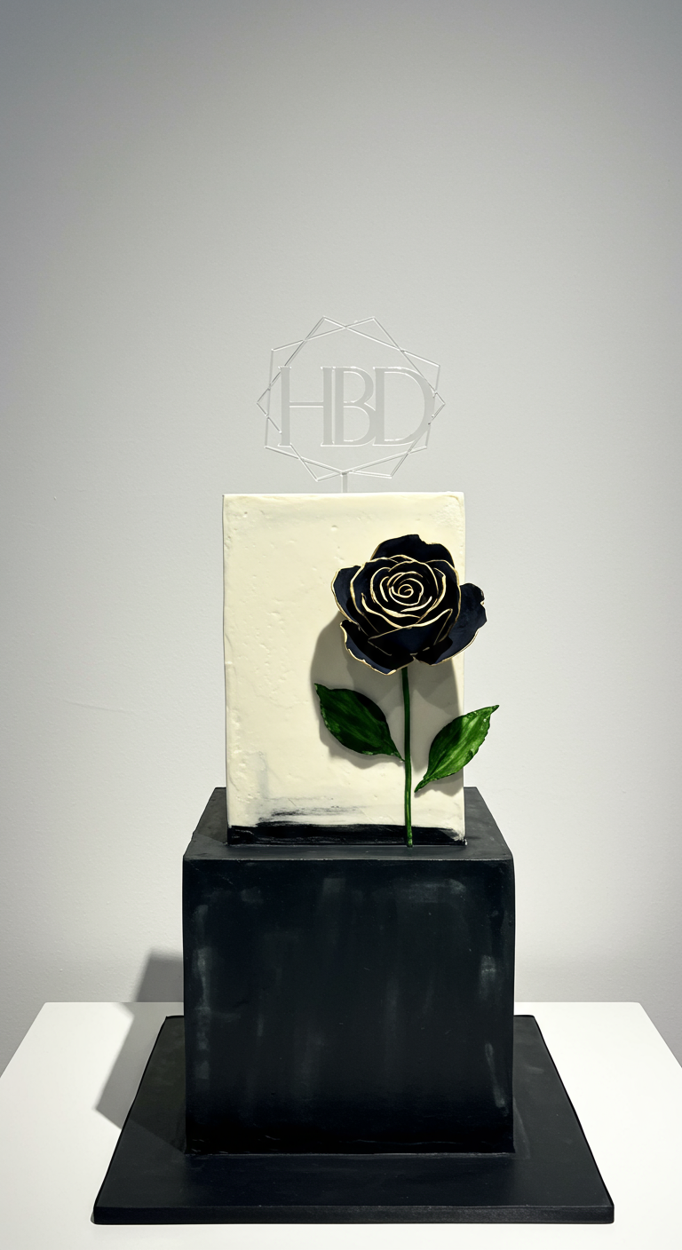Zweistöckige Torte, unten schwarz, oben weiß, mit einer einzelnen schwarzen Rose mit goldenen Rändern.