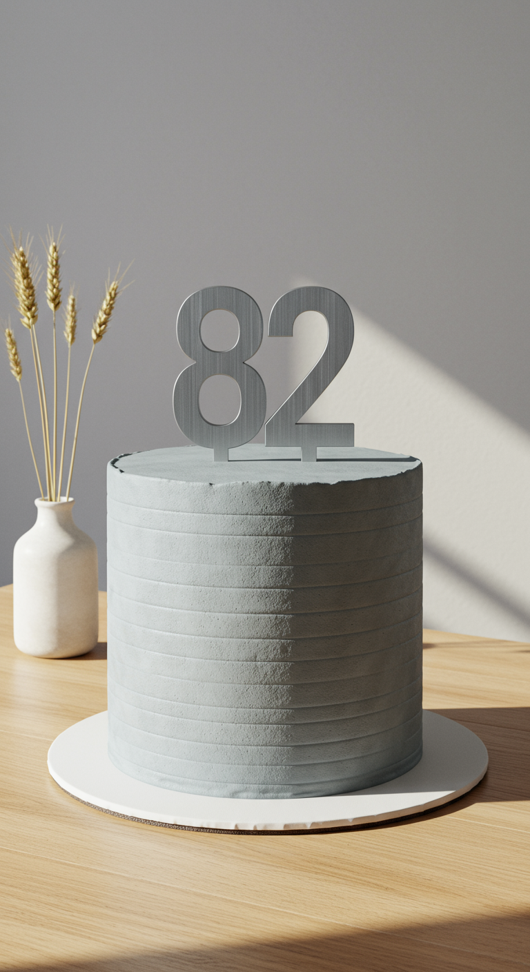 Grauer Kuchen mit horizontalen Rillen und einer schlichten silbernen Zahl 82.
