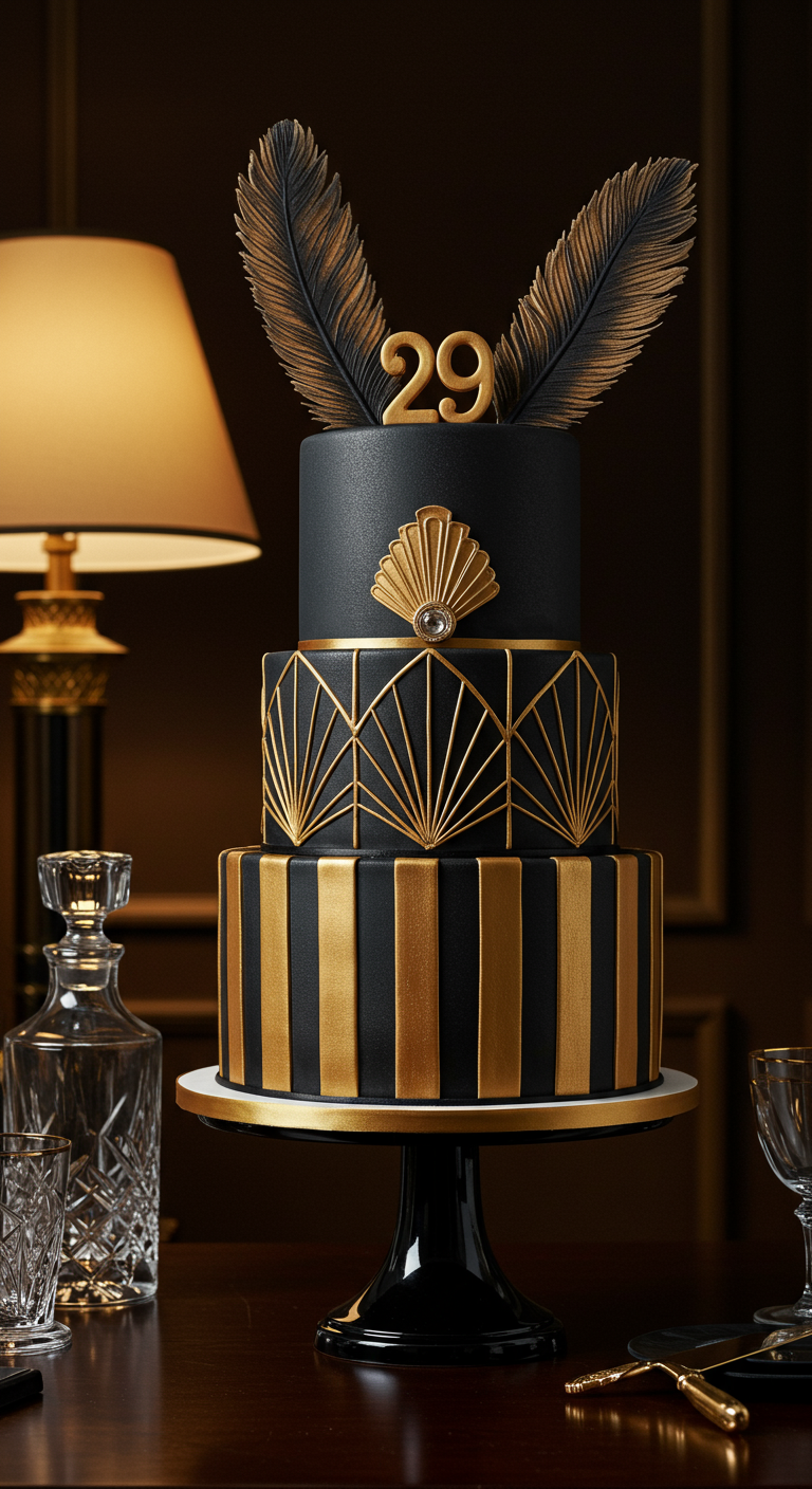 Dreistöckige schwarz-goldene Art-Déco Torte mit Federn und Zahl 29.