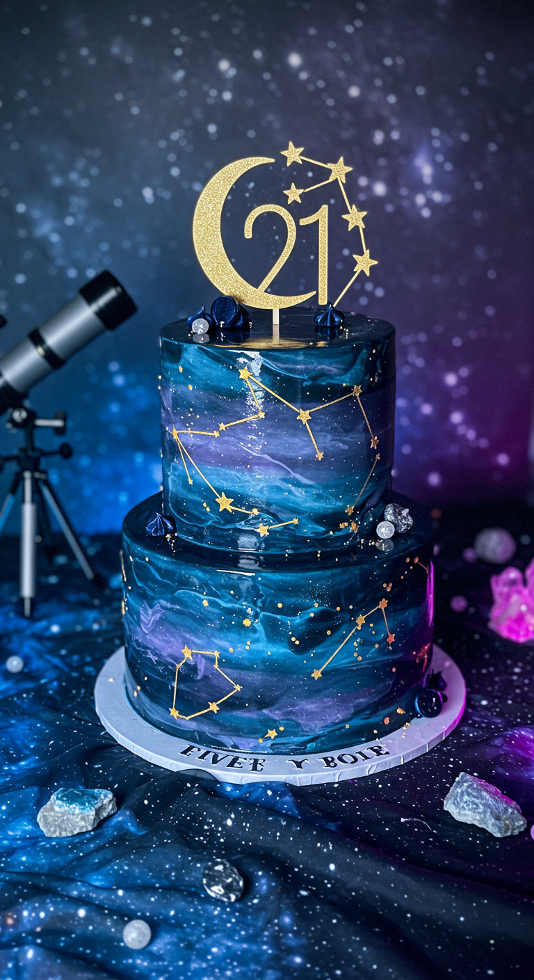 Zweistöckige Galaxy-Torte in Blau- und Lilatönen mit goldenen Sternbildern.