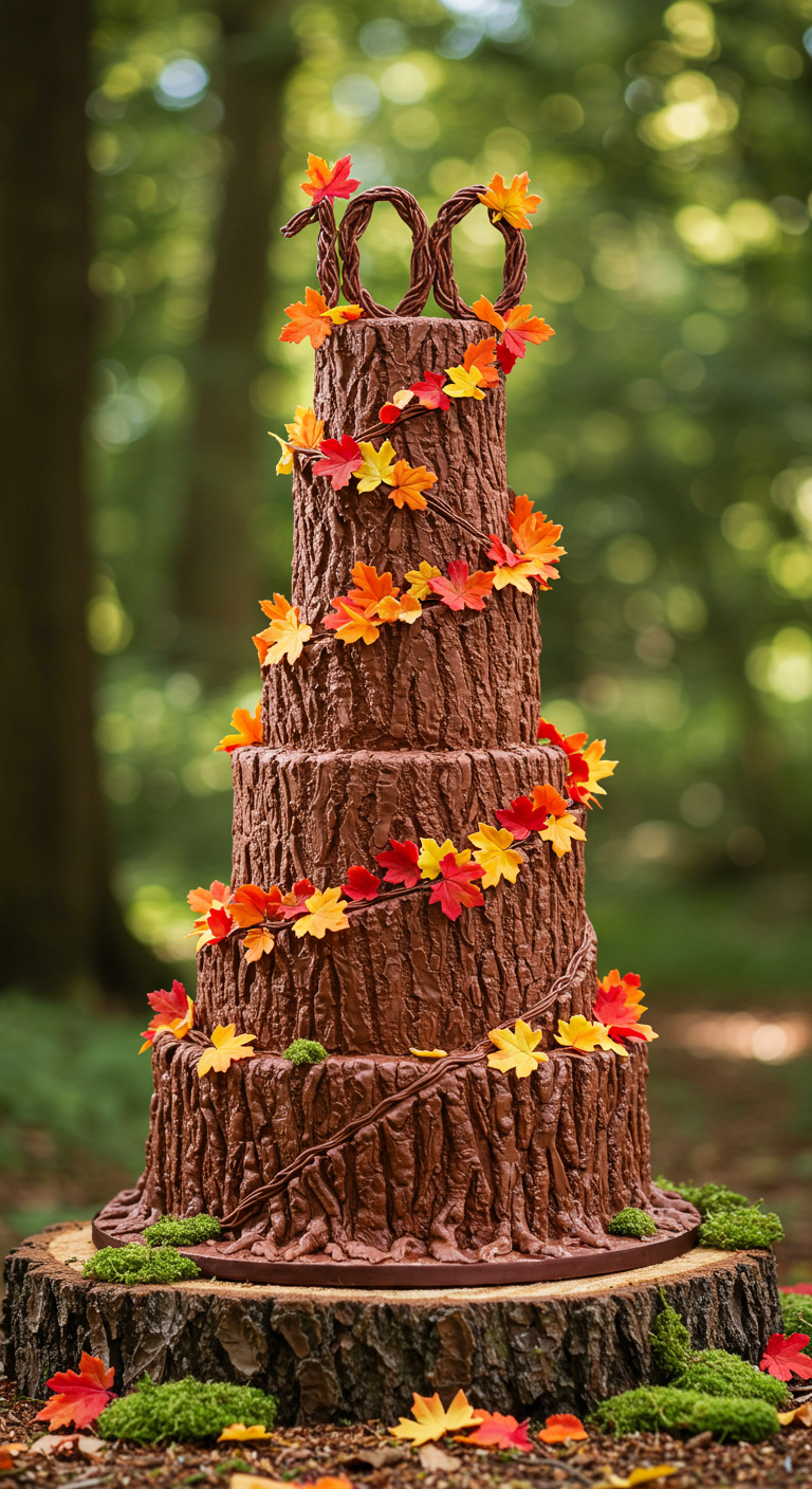 Mehrstöckige Schokoladentorte in Baumstamm-Optik mit bunten Herbstblättern.