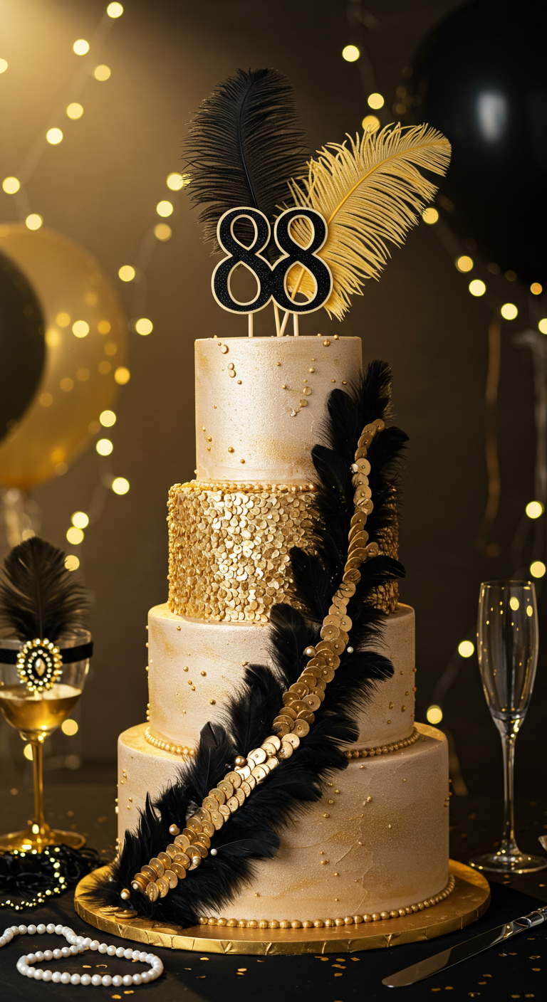 Mehrstöckige gold-schwarze Torte mit Pailletten, Federn und