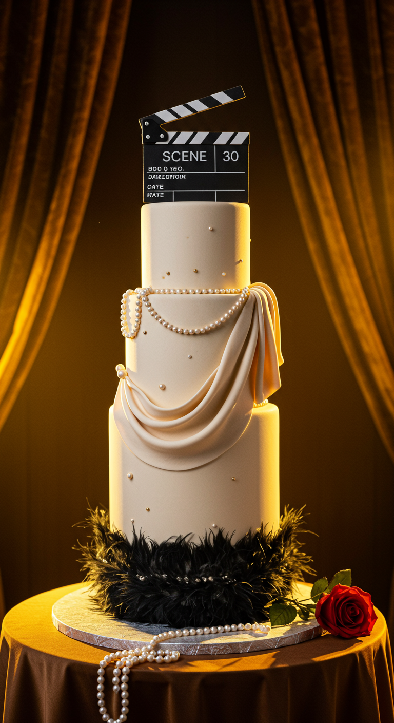 Elegante cremefarbene Torte mit Filmklappe, Perlen und Federn im Hollywood-Stil.