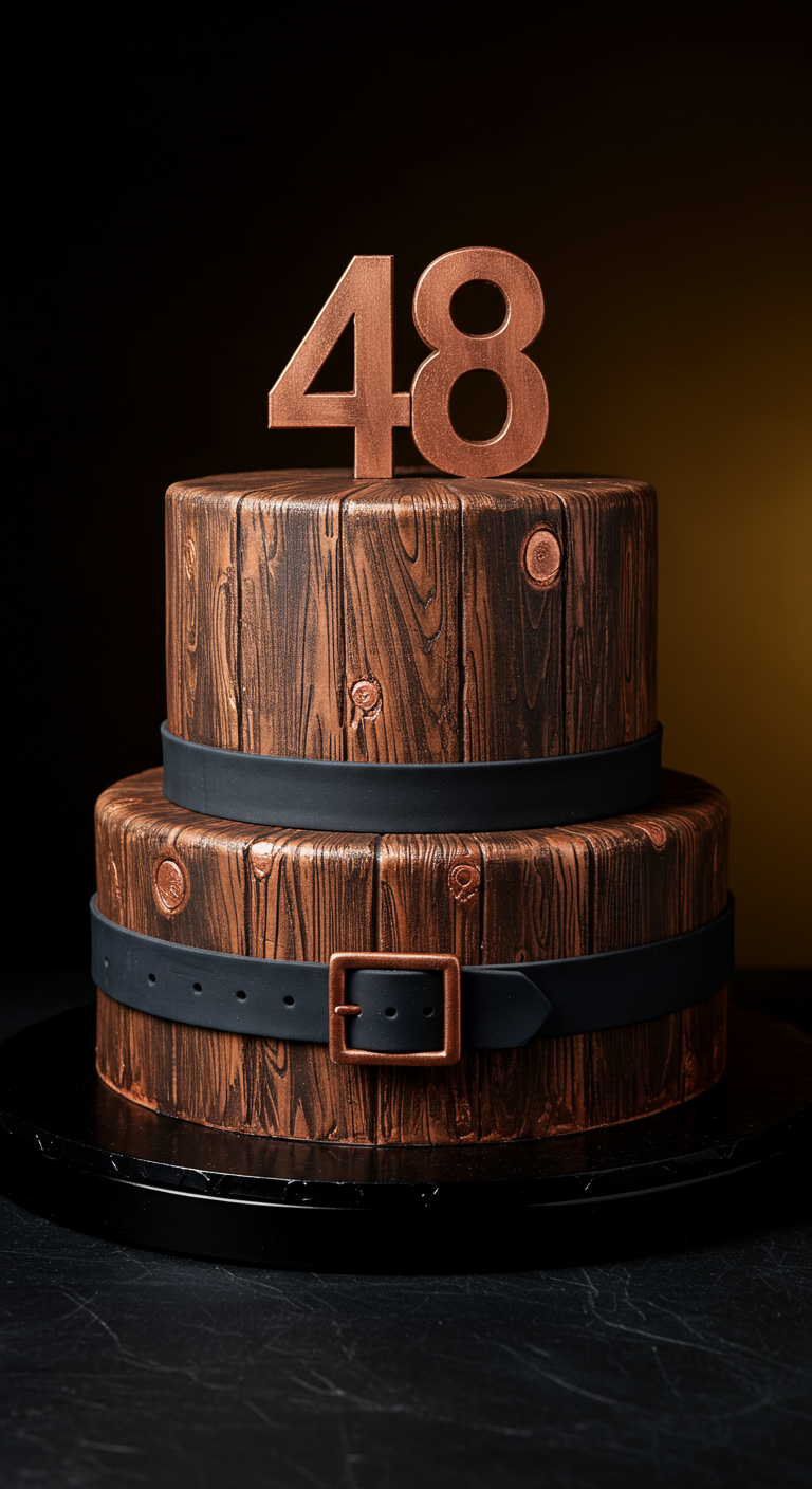 Zweistöckige Torte in Holzfass-Optik mit schwarzen Gürteln und kupferfarbenem 48-Topper.
