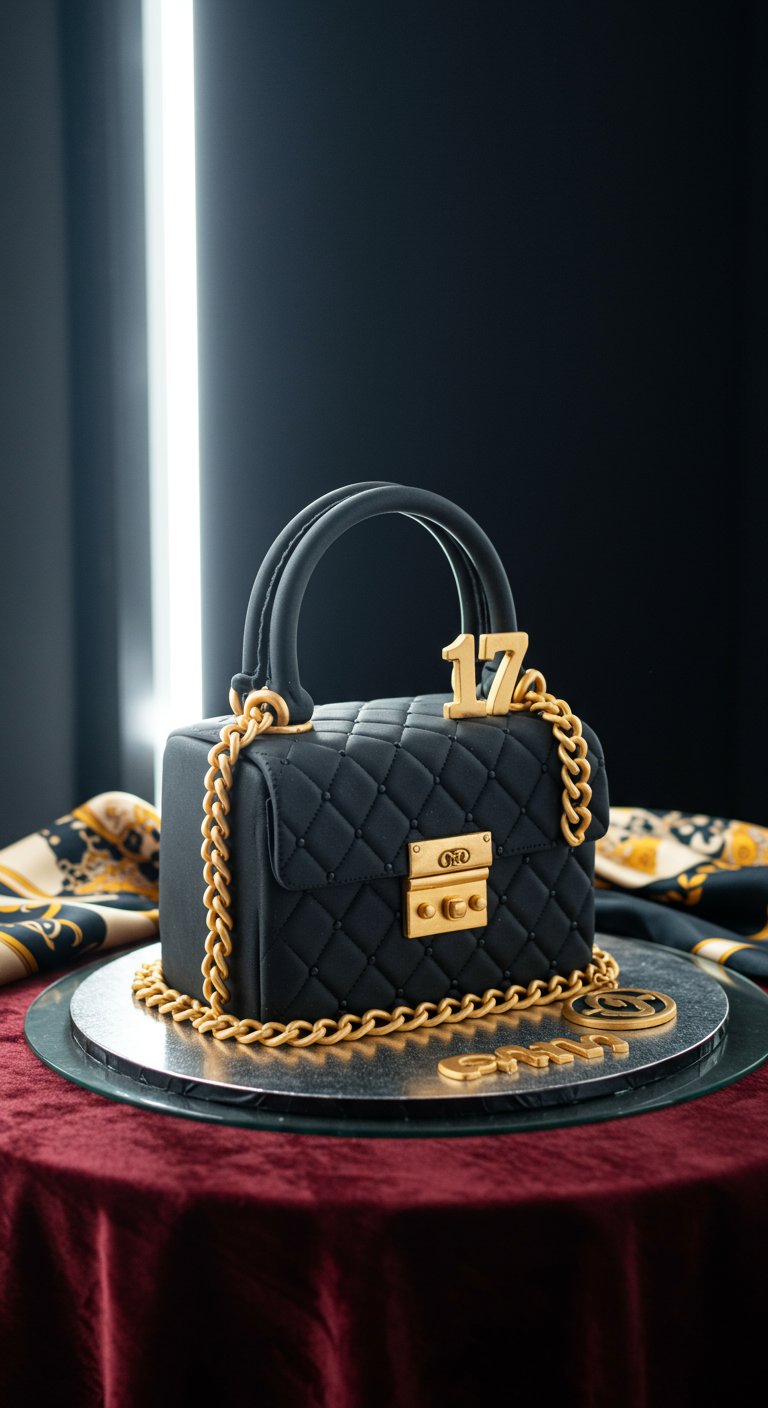 Schwarze Torte in Form einer Handtasche mit goldener Kette und Zahl 17.