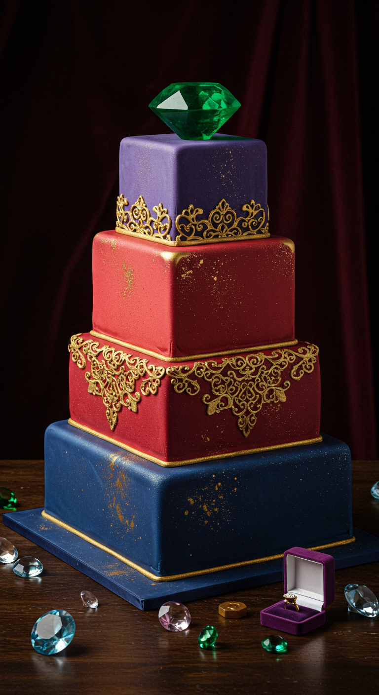 Vierstöckige Torte in Juwelenfarben (Blau, Rot, Lila) mit goldenen Ornamenten und einem grünen Edelstein-Topper.