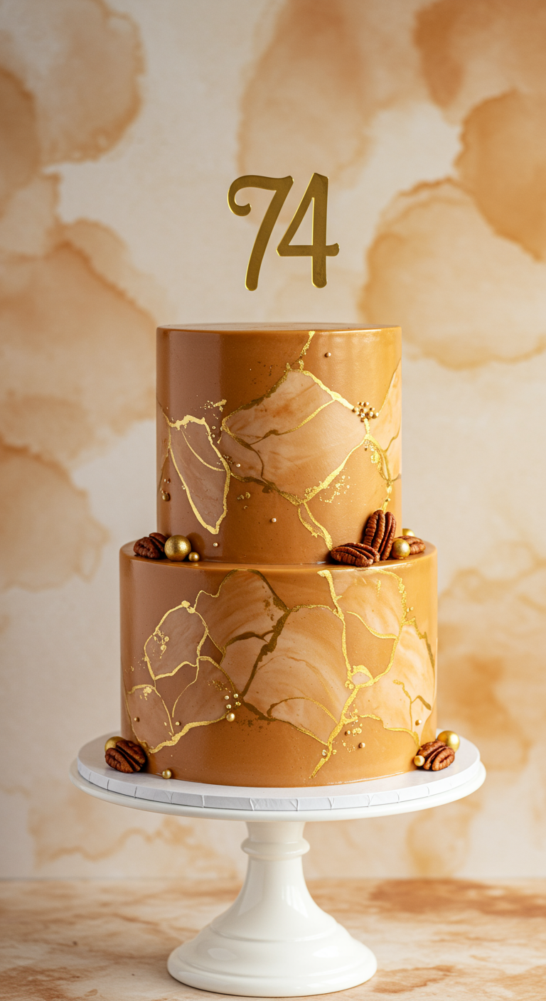 Zweistöckige Karamelltorte mit goldenen Riss-Mustern (Kintsugi-Stil) und Pekannüssen.
