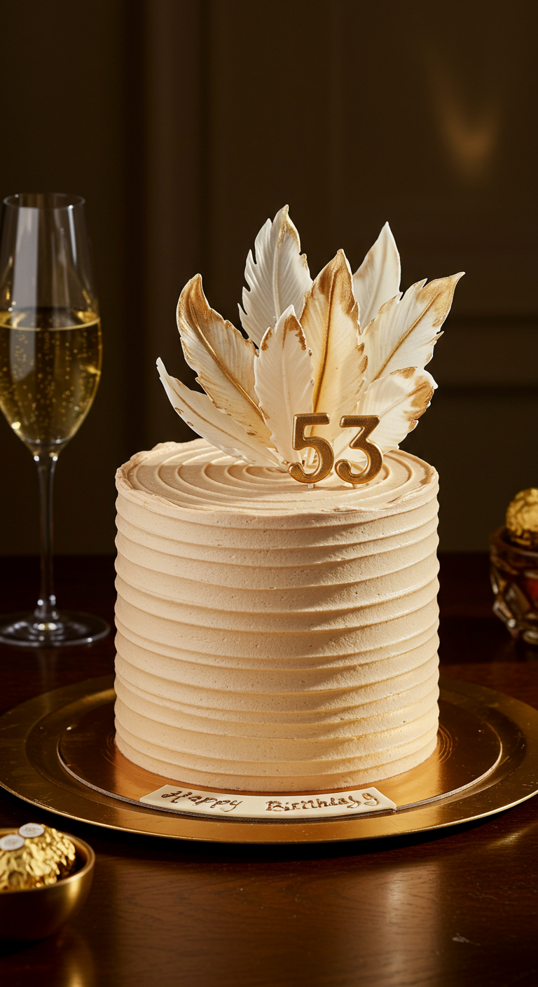 Karamellfarbene Torte mit horizontalen Buttercreme-Streifen und weiß-goldenen Schokoladenfedern, Zahl 53