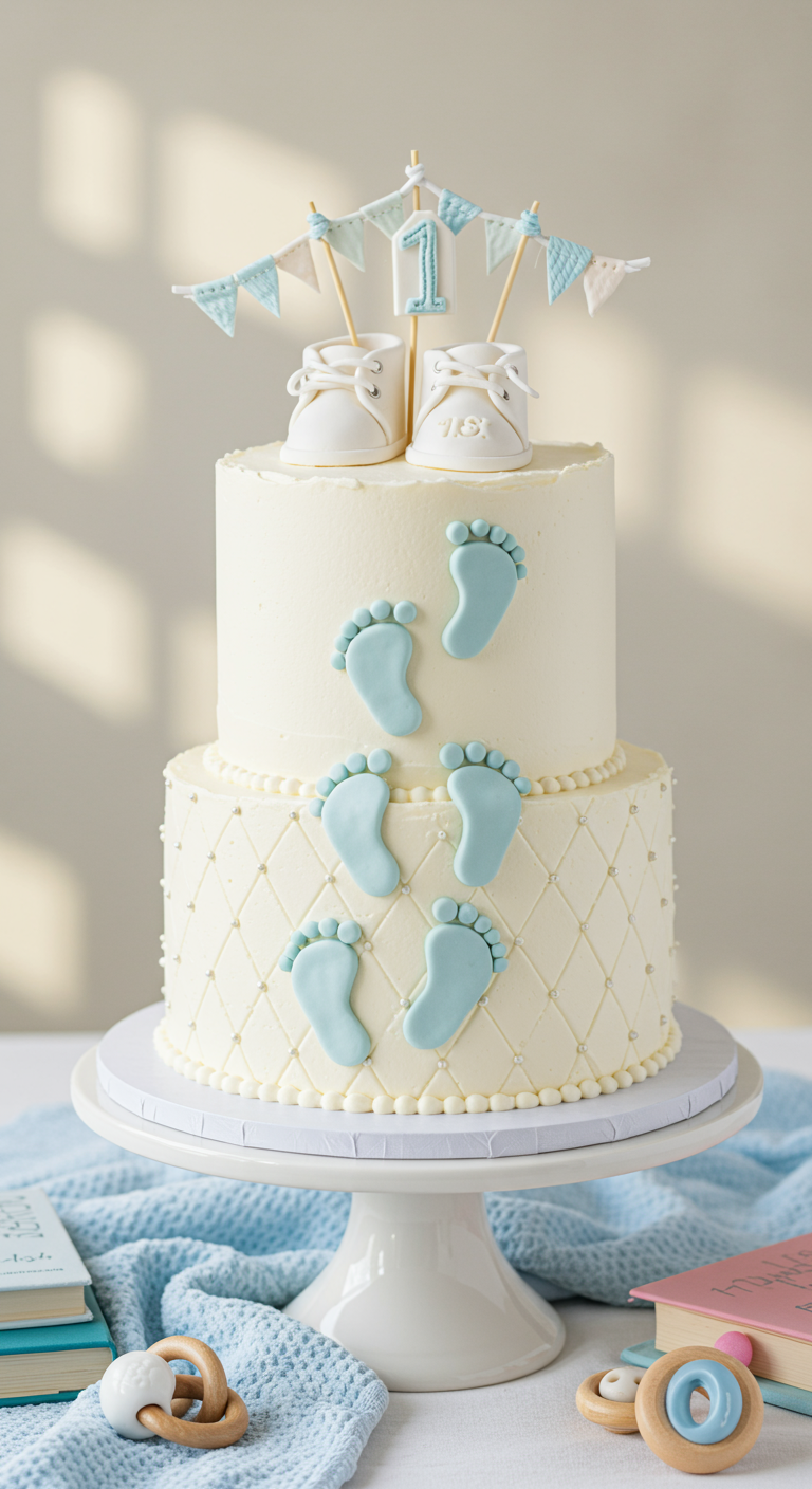 Zweistöckige weiße Torte mit blauen Babyfüßen, Babyschuh-Topper und Rautenmuster.