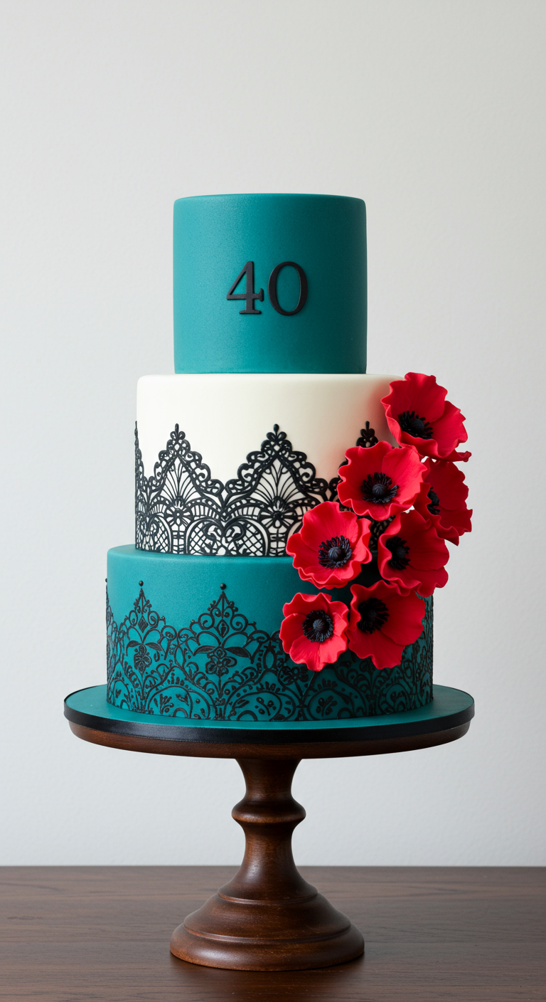 Dreistöckige türkise Torte mit schwarzer Spitze und roten Mohnblumen.