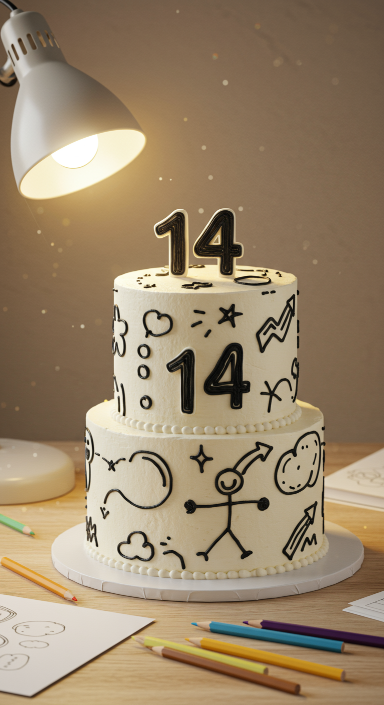 Weiße zweistöckige Torte mit schwarzen handgezeichneten Doodles und Zahlen.