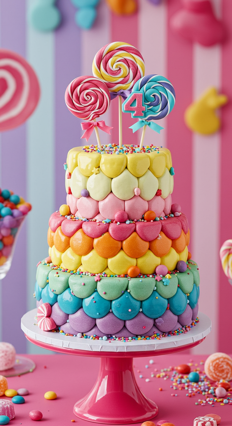 Dreistöckige bunte Torte mit Schuppenmuster und Lollipop-Toppern.