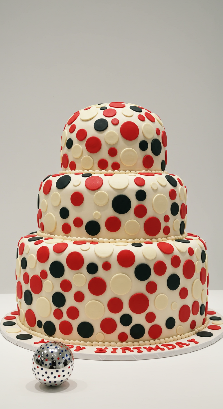 Dreistöckige Torte mit roten, schwarzen und weißen Polka Dots in verschiedenen Größen.