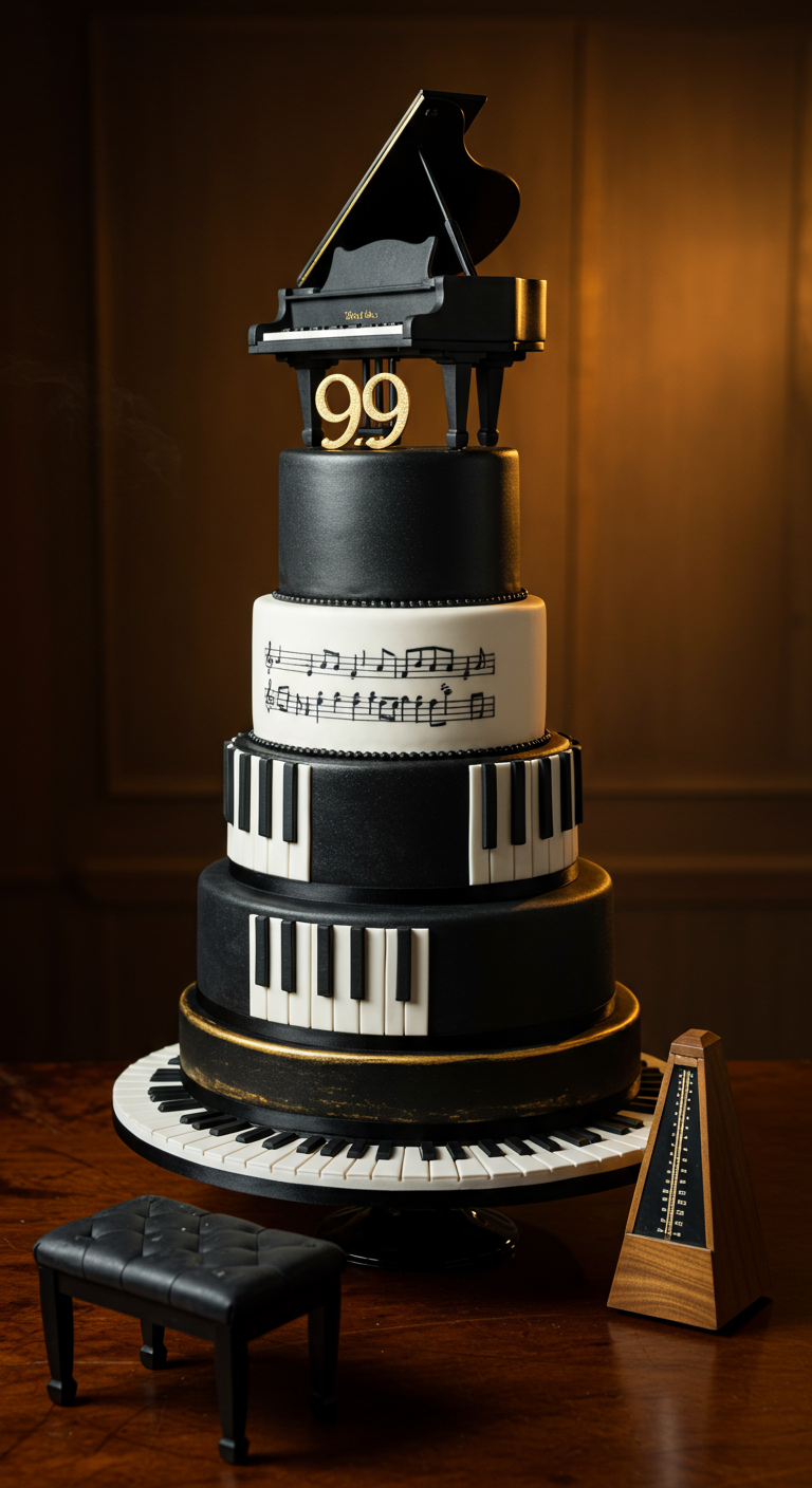 Mehrstöckige Torte in Schwarz-Weiß, inspiriert von einem Klavier und Noten.