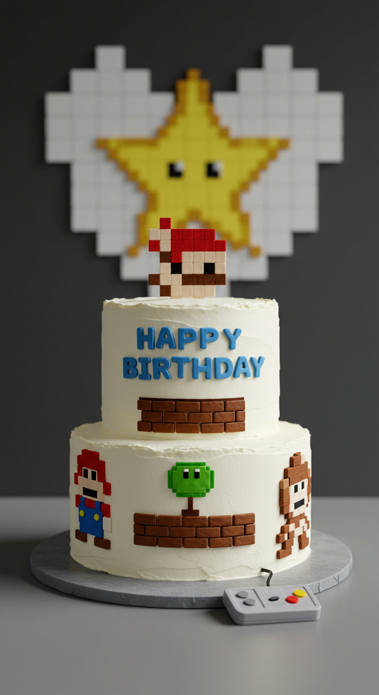 Zweistöckige Super Mario Torte mit Pixel-Figuren und 8-Bit Happy Birthday Schriftzug.
